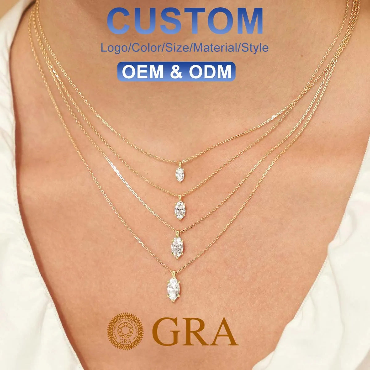 Gemfiori Quality Jewelry Supplier Custom Woman 6 Claws 0.5ct 1ct 2ct Marquise Cut Moissanite Pendant Real 585 14K Gold Jewelry