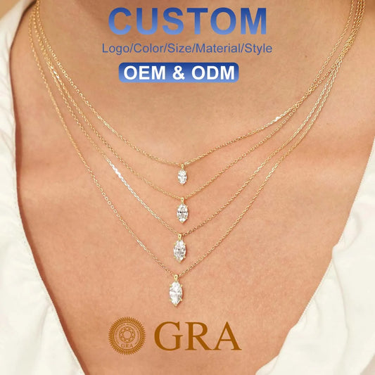 Gemfiori Quality Jewelry Supplier Custom Woman 6 Claws 0.5ct 1ct 2ct Marquise Cut Moissanite Pendant Real 585 14K Gold Jewelry