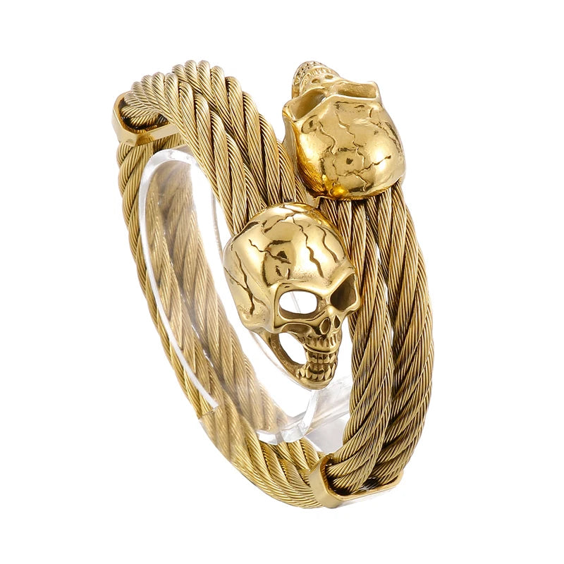 REBEL Mens Punk Stainless Steel Scar Skull Charm Rope Open Bangle Bracelet