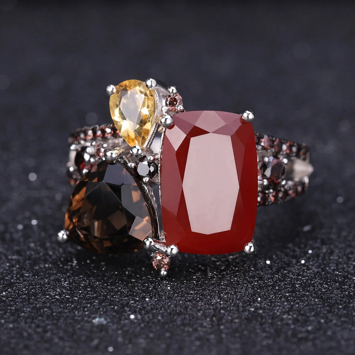 ArtistA C7644 Abiding Classic Beautiful Multiple Gemstone Natural Red Agate Smoky Quartz Citrine Cluster Setting 925 Silver Jewelry Set