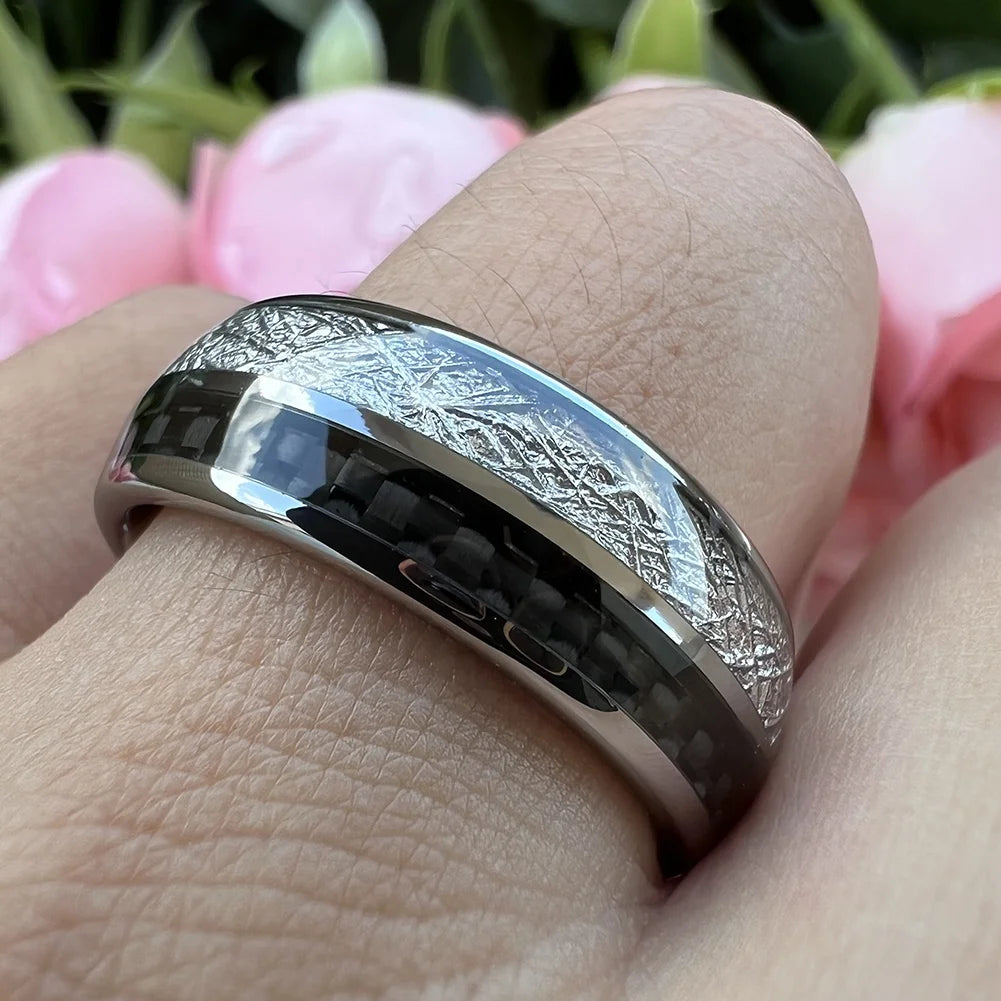 Coolstyle Jewelry 8mm Wholesale Meteorite Carbon Fiber Inlay Tungsten Ring for Men Women Fashion Engagement Wedding Band