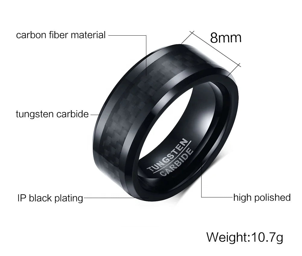 POYA Jewelry 8mm Black Tungsten Ring Inlaid Black Carbon Fiber One Piece MOQ