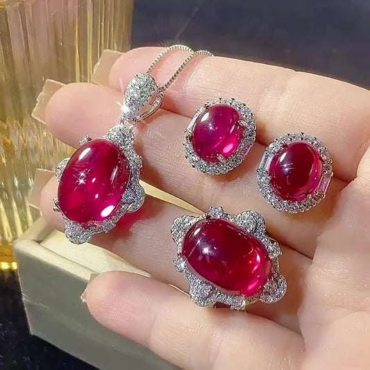 Gemfiori Luxury Oval Cabochon Ruby Jewelry Set Brass Plated Halo Pendant Necklace Ring Earring Vintage Royal Red Gemstone Wedding Jewelry