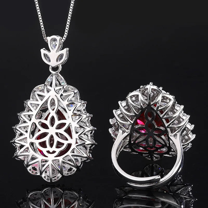 Gemfiori Luxury Pear Cut Gemstone Pendant Necklaces with Matching Ring Double Halo Design Elegant Statement Accessory for Wedding Jewelry