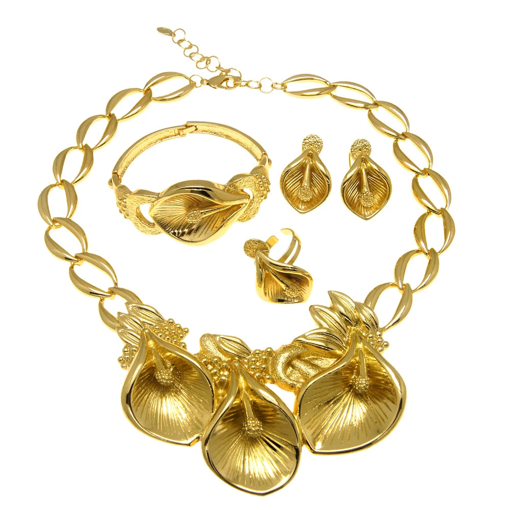 Zhuerru Italian Gold Plated Jewelry Set Leaf Shape Necklace Bracelet Earrings Jewels Sets Fashionable High-end Luxury H00159