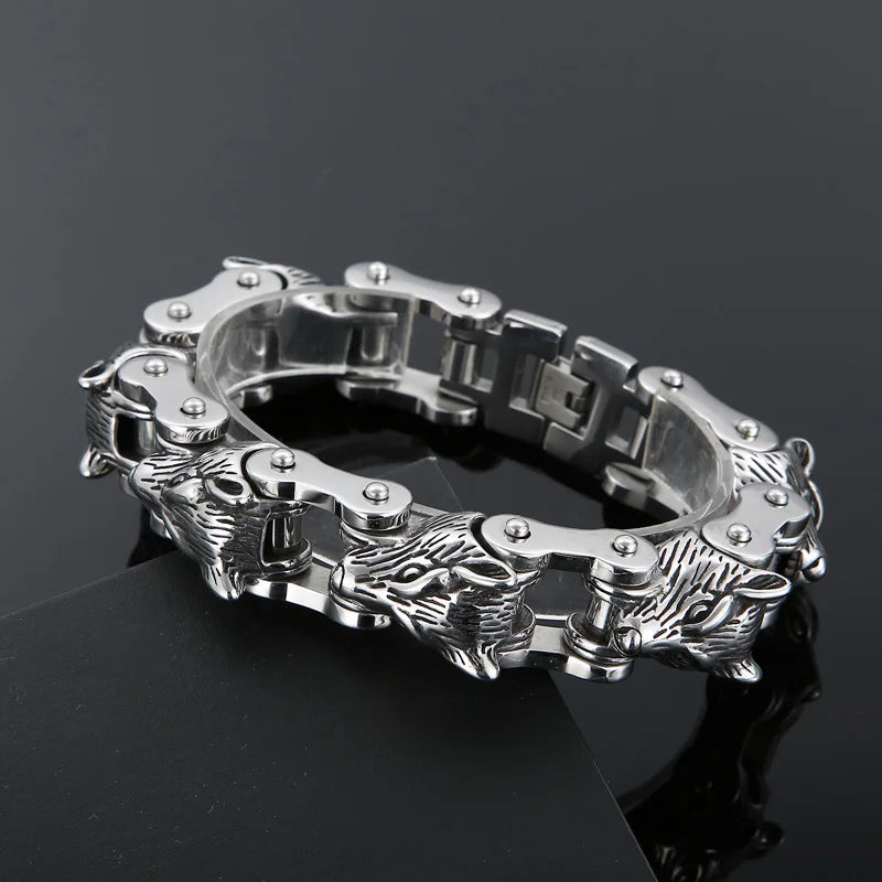 KALEN Punk Stainless Steel Fashion Bracelets Bangles Wolf Heads Bike Chain Bracelet for Men