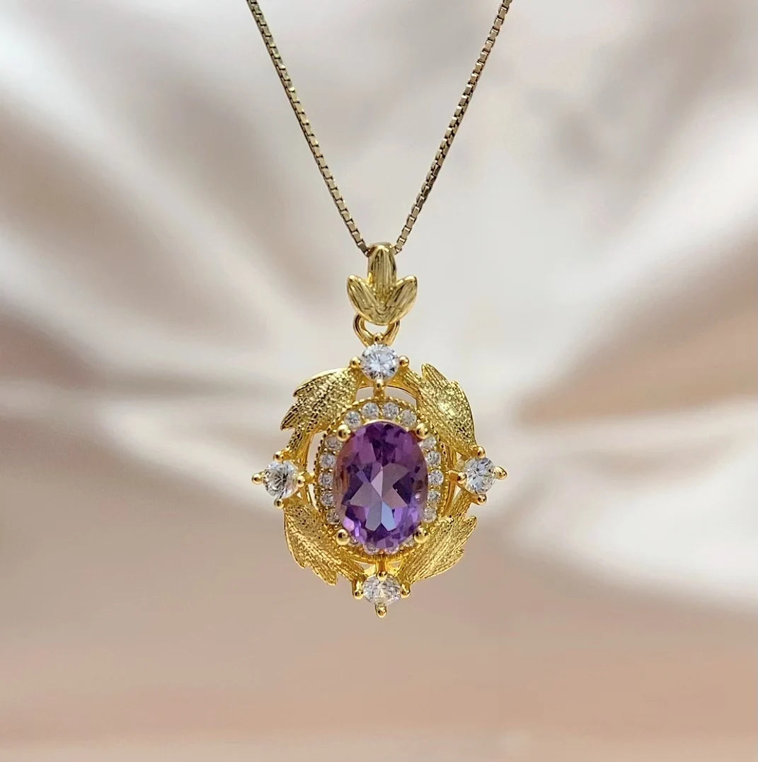 Gioiellieri Elegant Natural Amethyst Pendant Necklace Women's Fashion High-end Gemstone Jewelry Gift Gold Plated Rhodium Plated 925 Silver