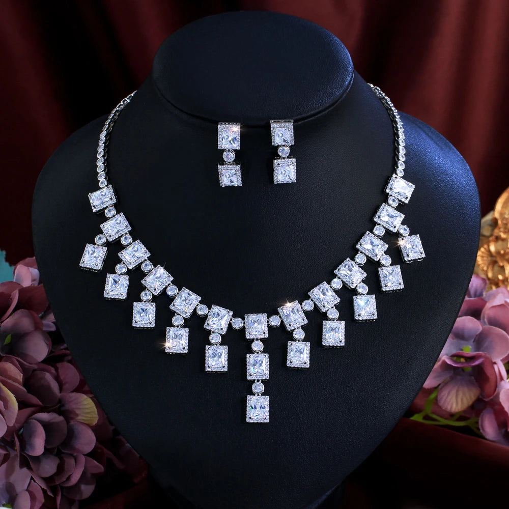 High Quality Luxury Necklace and Earrings Brass Square Cubic Zirconia White Tassel Jewelry Set for Women Wedding Bridal Jewelry