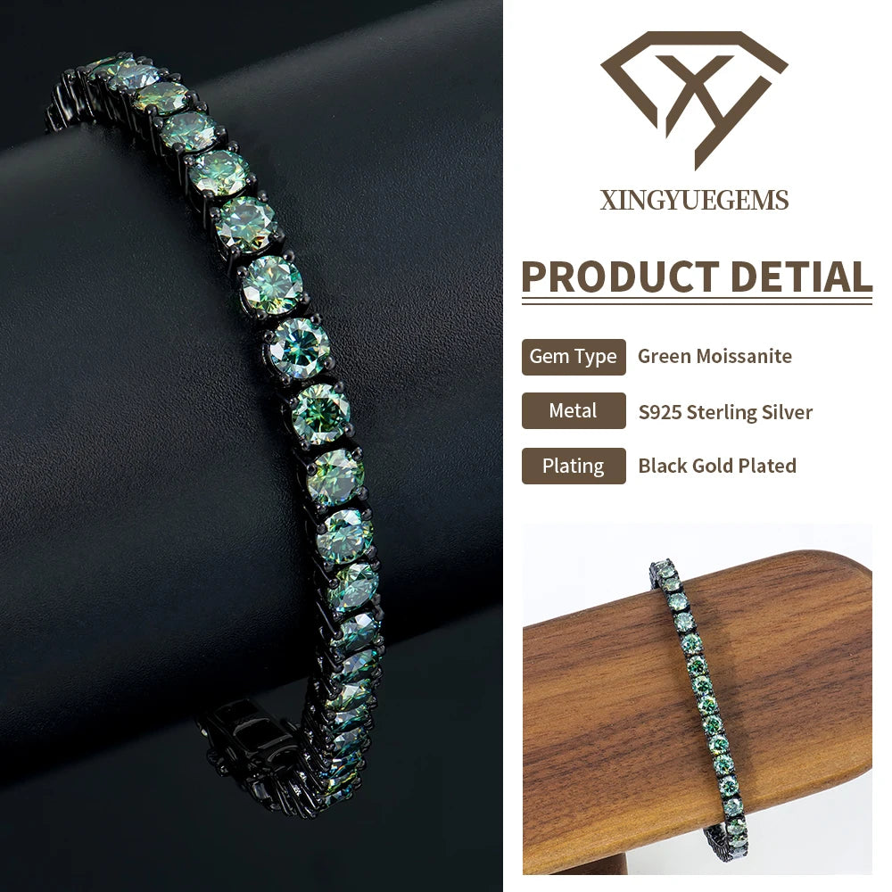 ArtistA Top Quality Amazing Round Brilliant Green Moissanite Tennis Bracelet 4mm/7in 925 Sterling Silver Black Gold Color for Man Women