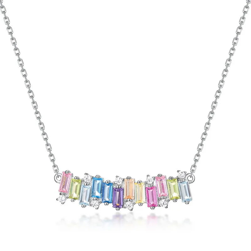 Gemfiori Irregular Geometry Color Zirconia Necklace S925 Silver Set Rainbow Zirconia Earrings Simple Fashion Set
