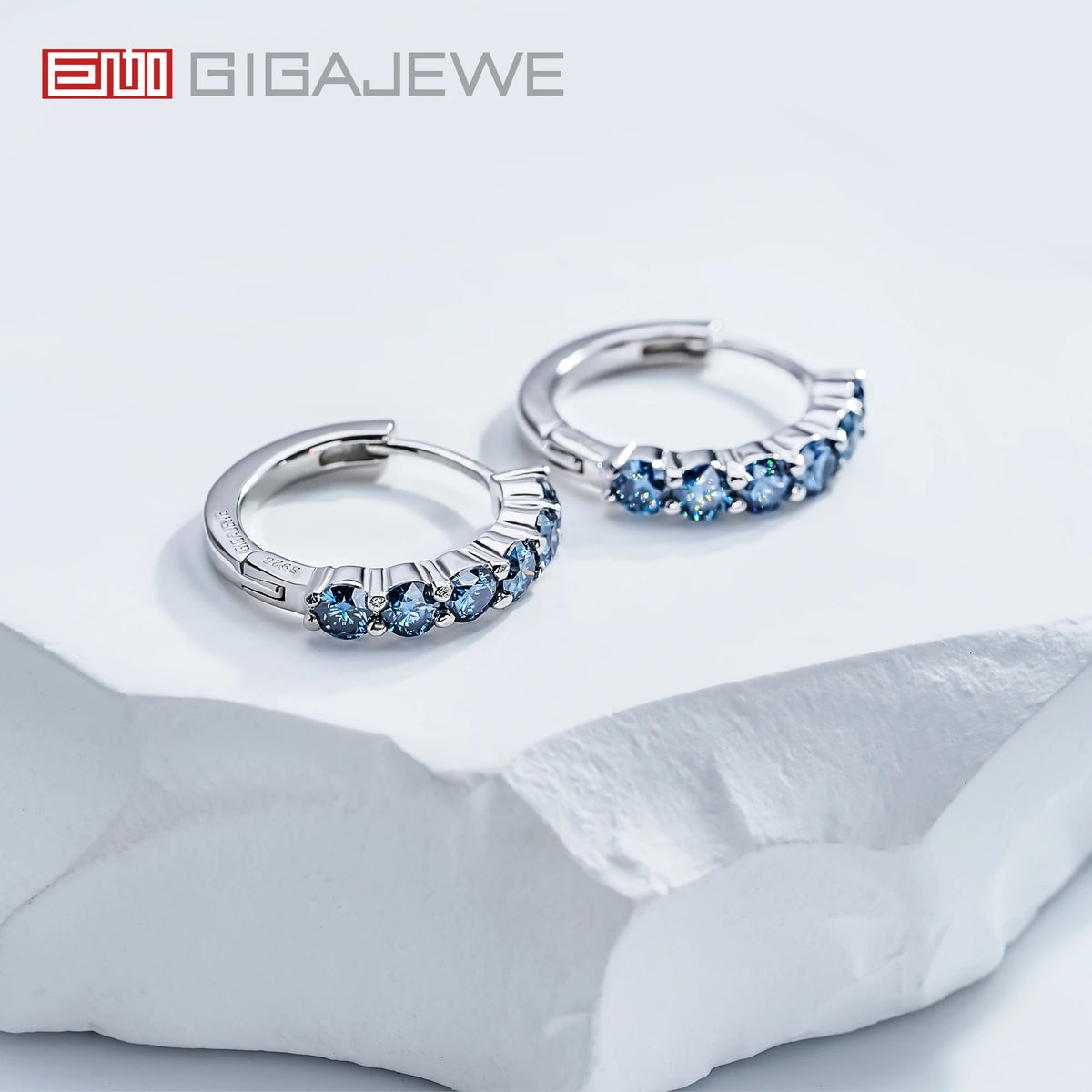 GIGAJEWE 3.0mm Total 1.2ct White/ Blue/ Green Color Moissanite Silver 925 Plated White 18k Gold Hoop Earrings