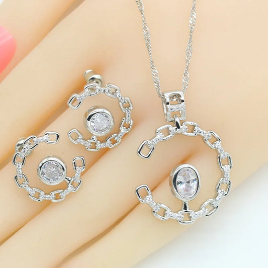 Geometric White Zircon 925 Silver Accessories Jewelry Gift Set for Women Includes Stud Earrings Pendant Ring Gift Box Weddings