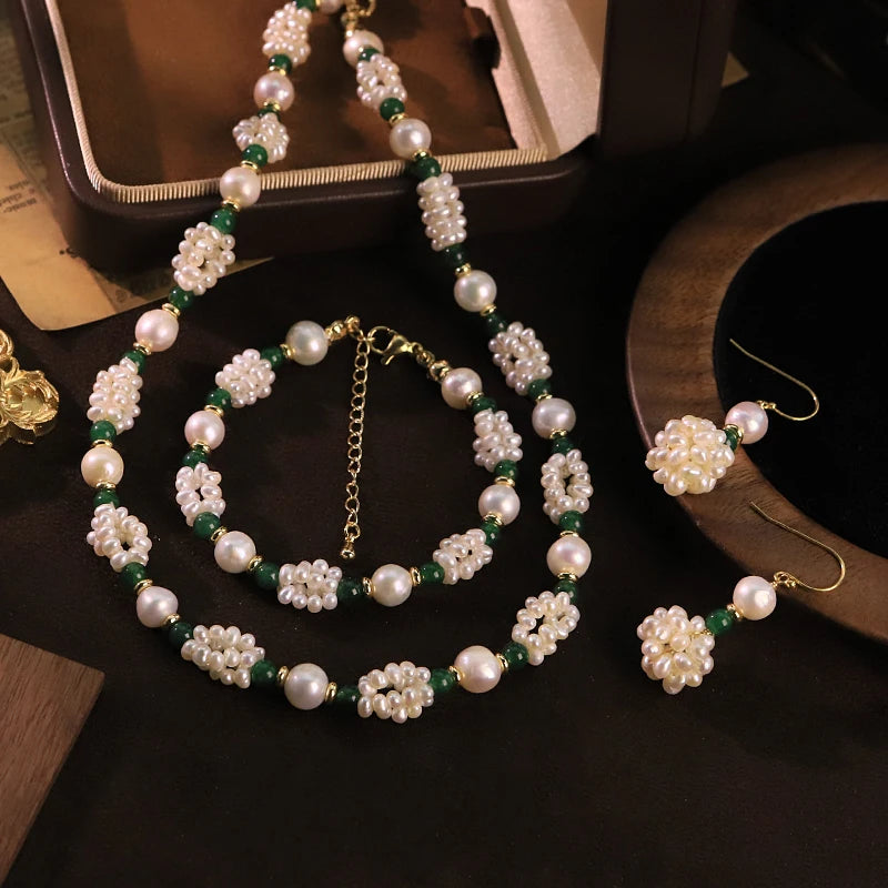 GLSEEVO Natural Pearl Ball Green Natural Stone Jewelry Set for Wedding Gift Pearl Bead Necklace Bracelet Earring Fashion Jewelry