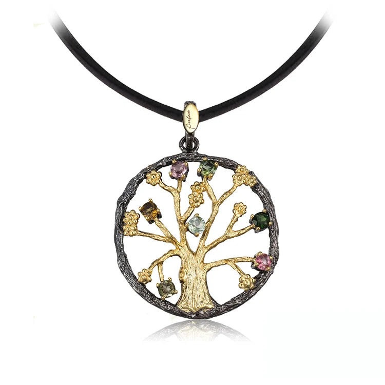 Gioiellieri Hollow Little Gold Tree 925 Sterling Silver Pendant with Tourmaline