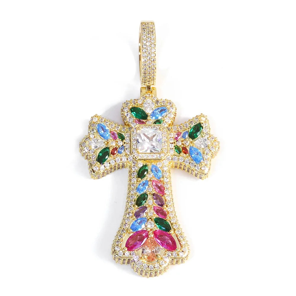 BiG-BOSS Hip-hop Colored Gemstone Wheat Ears Cross Pendant. Factory Direct Sale.