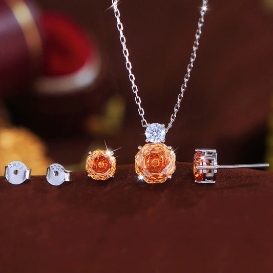 S&S 925 Sterling Silver Champagne Rose-Cut CZ Fine Jewellery Set – Necklace & Earrings – Collection