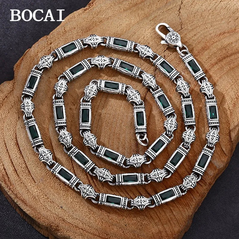S&S 925 Silver Tang Grass Pattern Necklace | Zircon Set | 5mm Sweater Chain | Blue & Green