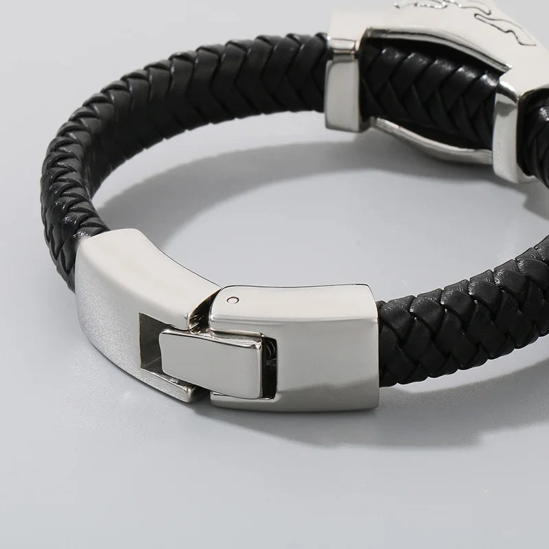 KALEN Fashion Mens Bracelets Stainless Steel Cowhide Leather Lion Head Bracelet Bangle