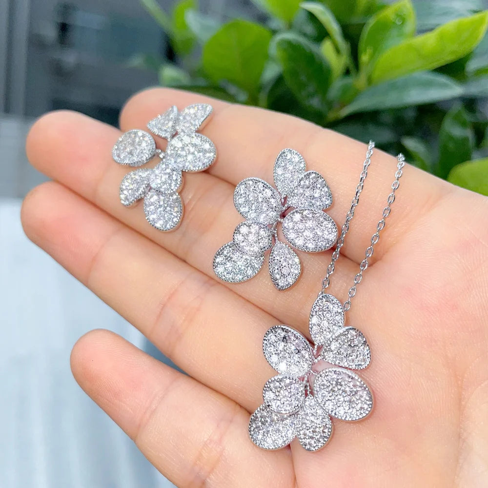 Glitter Silver Plated Cubic Zirconia Big Delicate Leaf Shaped Chain Pendant Necklace Earring Bridal Jewelry Sets for Women
