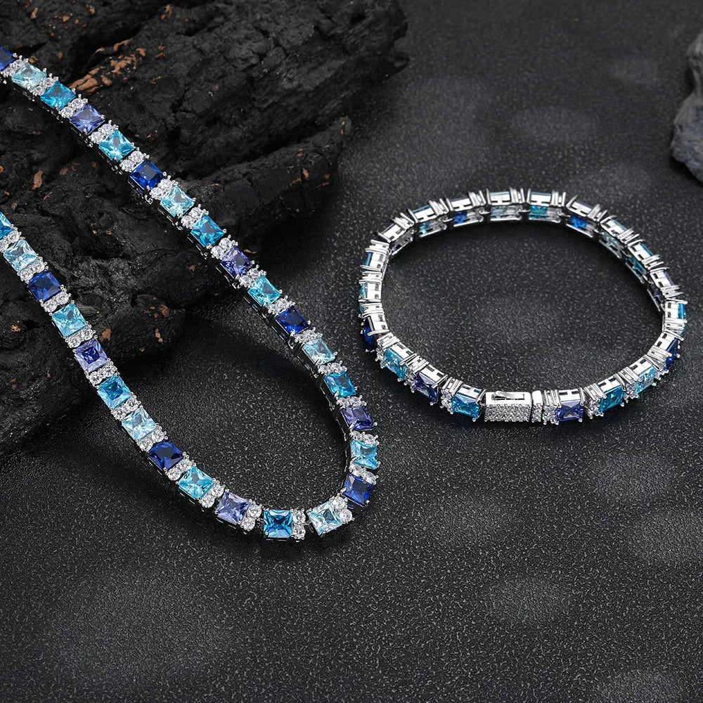 Factory Direct High Quality Blue Gemstone Cubic Zirconia Tennis Necklace 16-20inch Luxury Bling Hip-Hop Necklace
