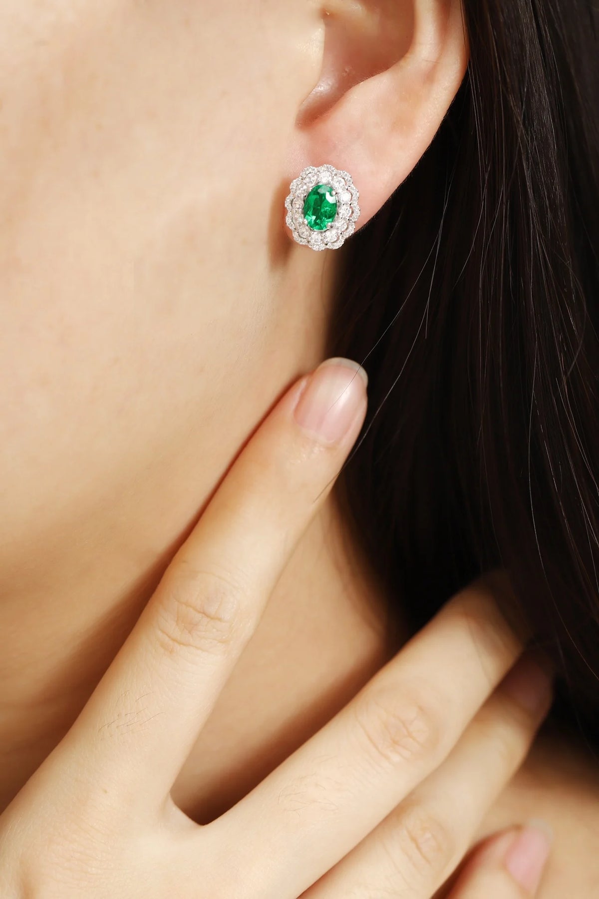 Gemfiori Zhanhao Jewelry Sterling 925 Silver Earring Studs Oval Lab Grown Emerald Rhodium Plated Women Vintage ODM OED Custom Jewelry