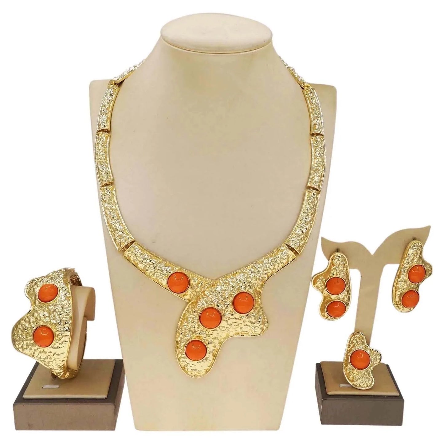 Zhuerrui Italian Gold Flower Jewelry Set Wedding Party Birthday Gift Orange Necklace Bracelet Earrings Ring Jewelry Sets H00715