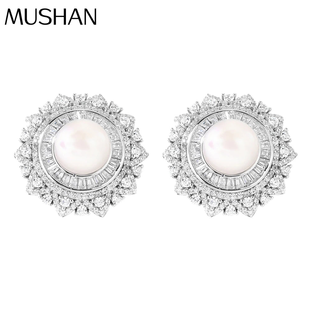 MUSHAN Jewelry Factory S925 Pearl Stud Earrings With High End Feel Electroplated White Gold Set With High Carbon Diamonds