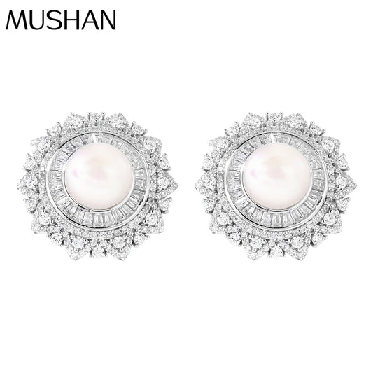 MUSHAN Jewelry Factory S925 Pearl Stud Earrings With High End Feel Electroplated White Gold Set With High Carbon Diamonds