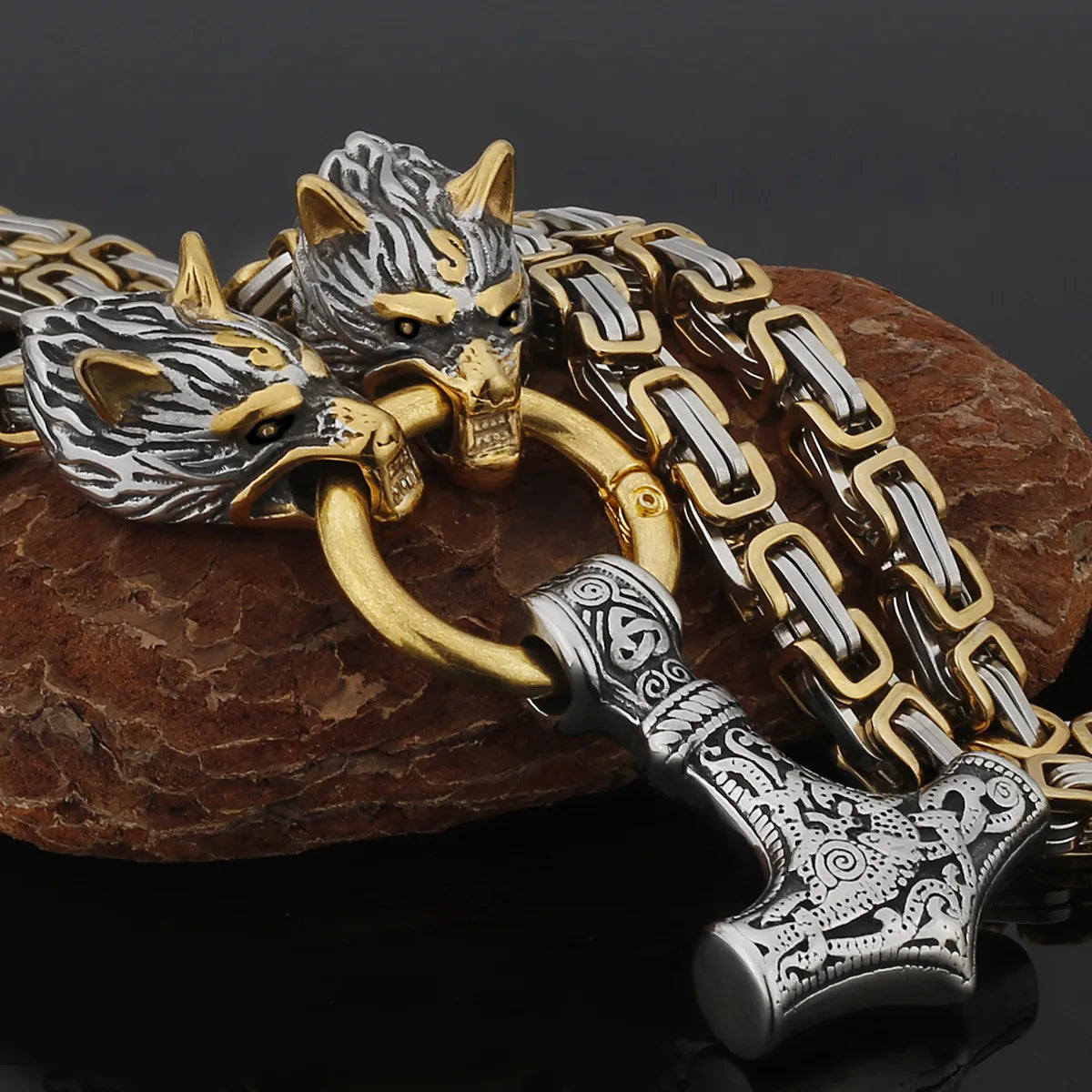 Wholesale Men's Stainless Steel Punk Pendant Necklace Gold Plated Thor Hammer Mjolnir for Mens Jewelry