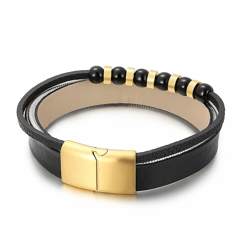 REBEL Mens Bracelets Stainless Steel Cowhide Fashion Jewelry Bead Bracelet Bangles