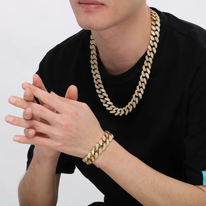 2PCS/SET European and American Stainless Steel Hip-hop Full Diamond Cuban Chain Stainless Steel Men's Necklace Bracelet Set
