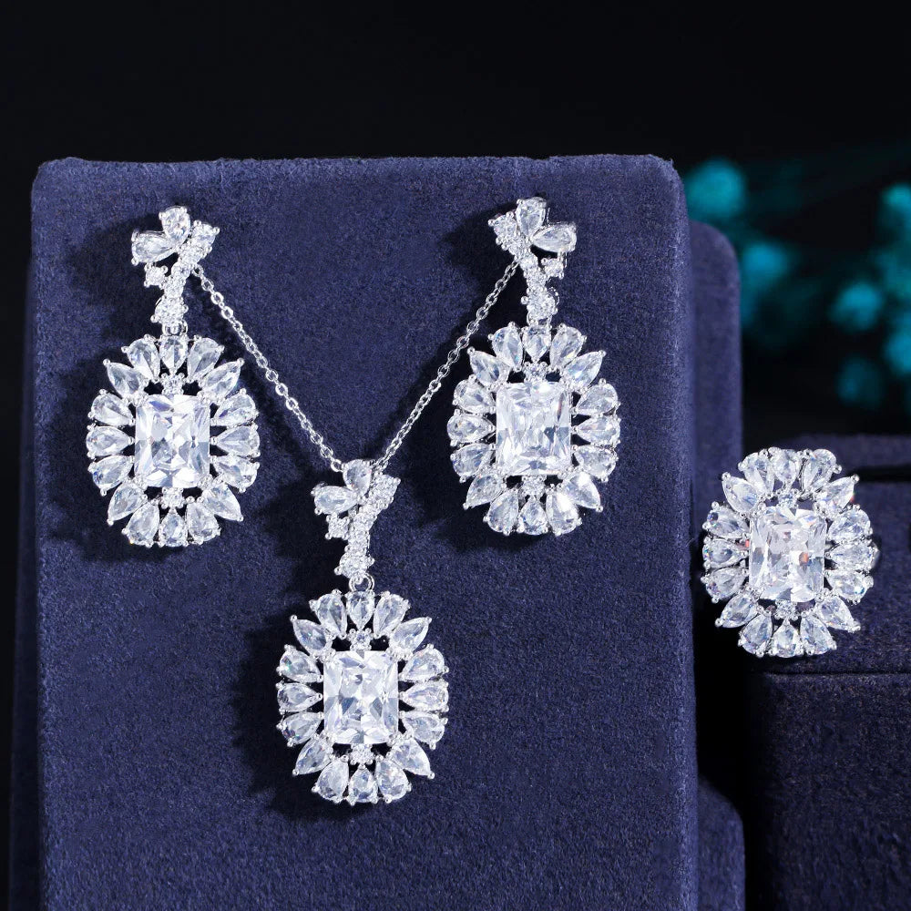 S&S Oval CZ 3-Piece Jewellery Set – Necklace, Earrings & Ring – 7 Colours – Collection