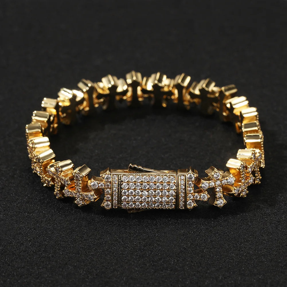 REBEL VIKING Micro Paved Zircon Cross Chain Bracelet – Gold & Silver Hip Hop