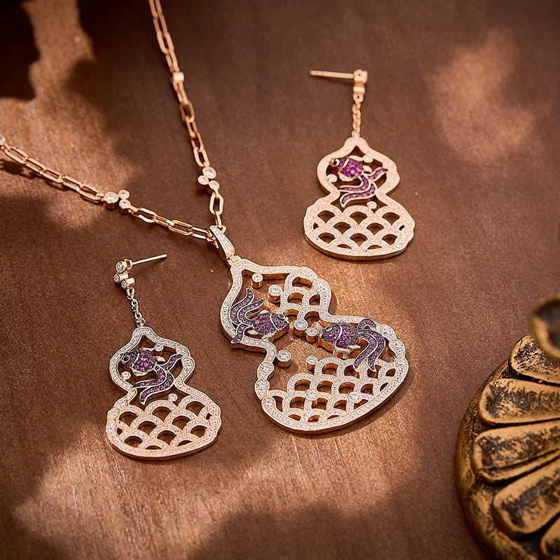 Brass Hollow Small Goldfish Gourd Long Necklace Earrings Two-piece Set Cubic Zirconia Women's Anniversary Gift