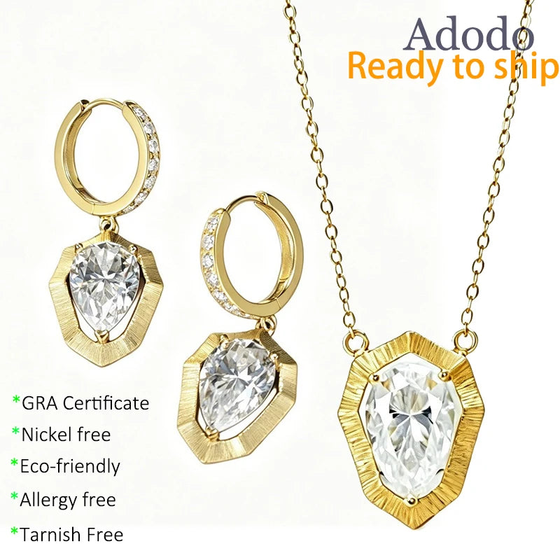 ArtistA Pear Cut 4ct Vvs Gra Moissanite Waterdrop Jewelry 925 Silver Gold Plated Brushed Finish Shield Pendant Necklace And Earrings Set
