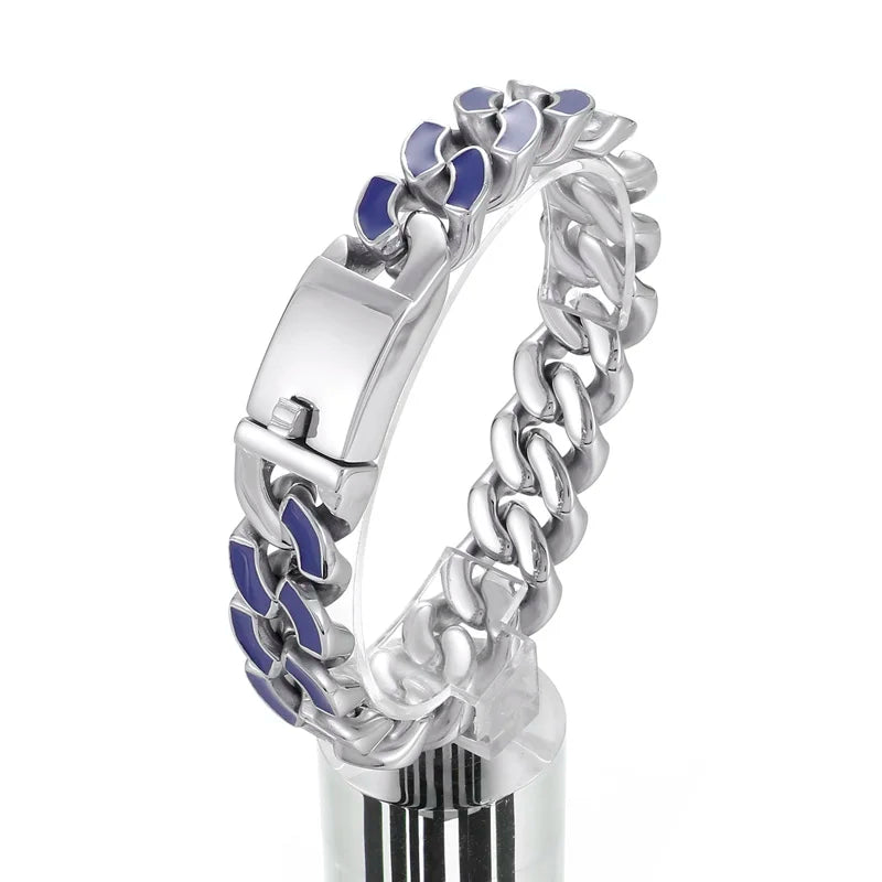 KALEN 220mm Men Stainless Steel&Red/Blue Enamel Cuban Links Chain Bracelet