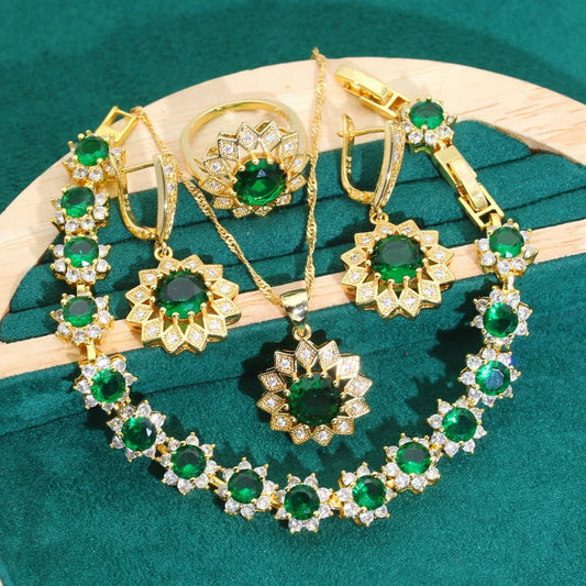Women's Gold Color Jewelry Set Green Blue Zircon Including Bracelet Earrings Pendant Ring for Wedding Halloween Dating-Gift