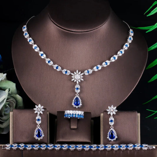 4pcs Bridal Jewelry Set for Wedding Blue Stone CZ Cubic Zircon Ring Earring Bracelets Necklace for Women Jewelry Accessories