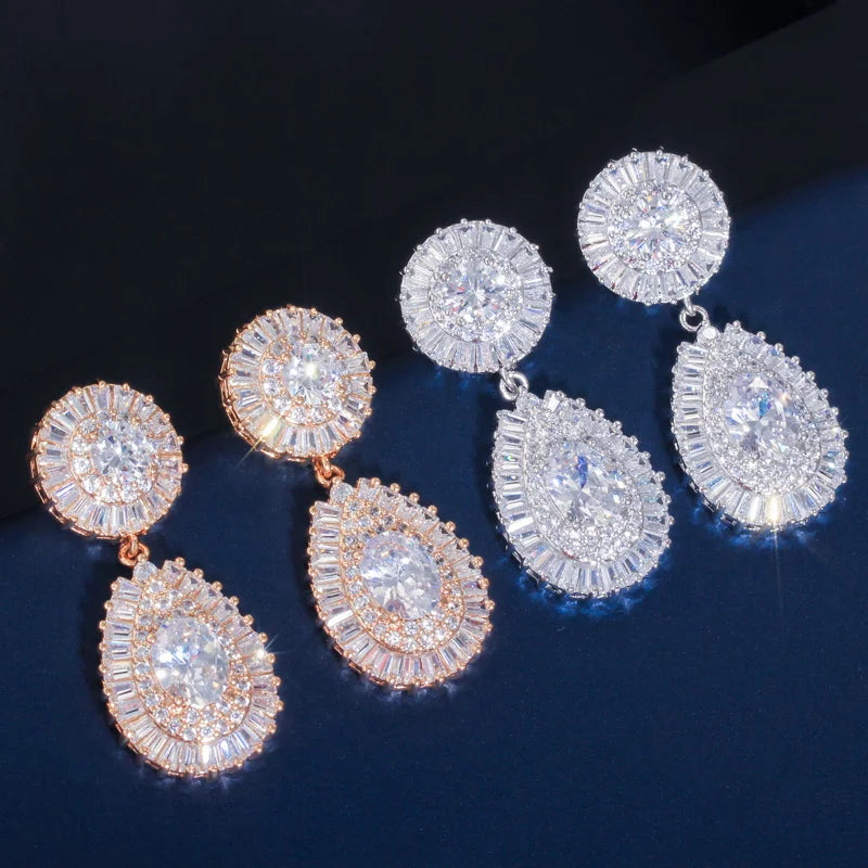 Shiny Luxury Dubai Gold Plated Jewelry Sets Cubic Zircon Big Water Drop Earrings Necklace Bracelet for Ladies Wedding Bridal
