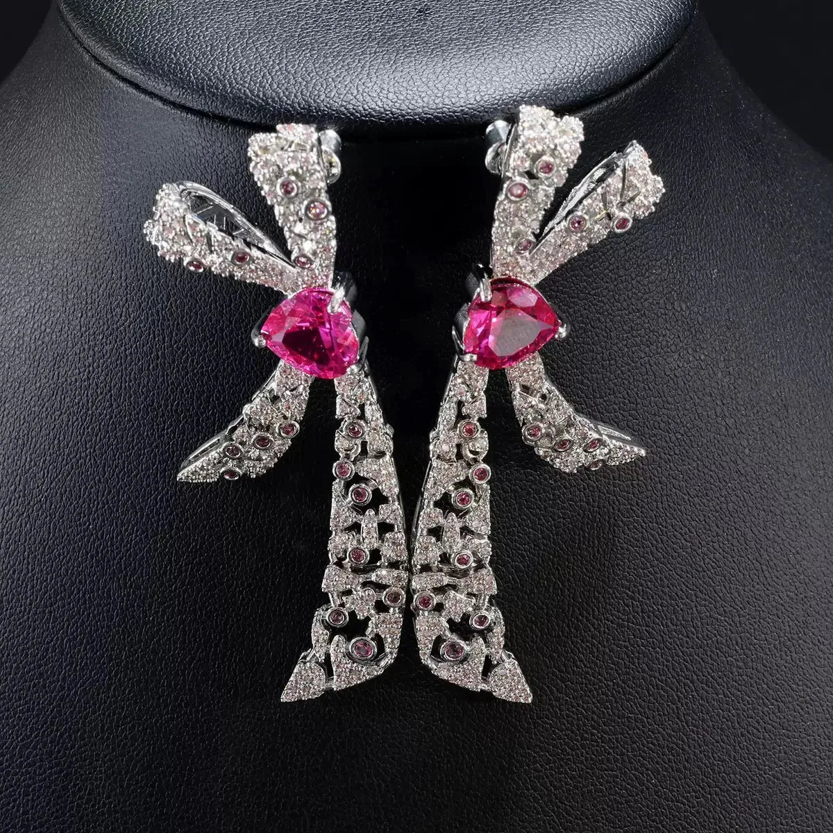 Bella Viva Luxury Pink Heart Bow Necklace & Earring Set, Platinum Plated Brass & Cubic Zirconia, for Bridal & Gift & Party