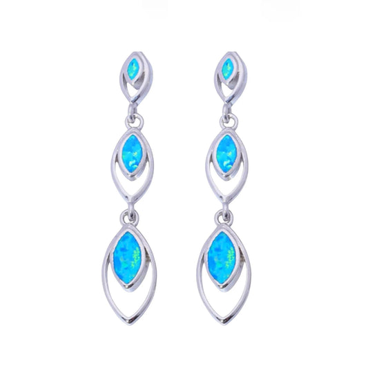 Tiered Marquise Opal Drop Earrings - Blue Fire Opal Framed Tassel Design | Elegant Daily Jewelry Bulk Gifts