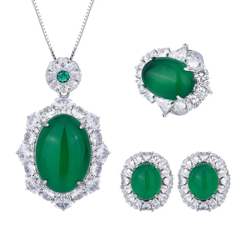 Gemfiori Luxury Pigeon Blood Ruby Jewelry Set Cabochon Cut Red Gem Halo Pendant Necklaces Earrings Rings Timeless Elegant Emerald Wedding