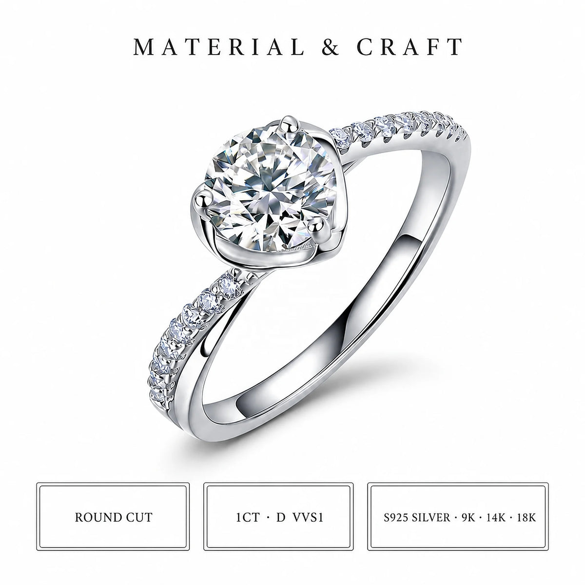 Gemfiori Elegant Lab Grown Diamond Ring 1Carat D VVS1 Half Pavé Band 9K/10K/14K/18K/PT950 Real Gold Women Premium Fine Jewelry