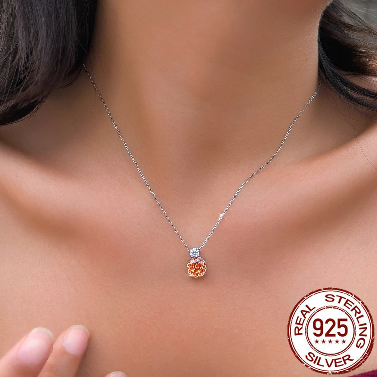 S&S 925 Sterling Silver Champagne Rose-Cut CZ Pendant Necklace – Rhodium Plated – Collection