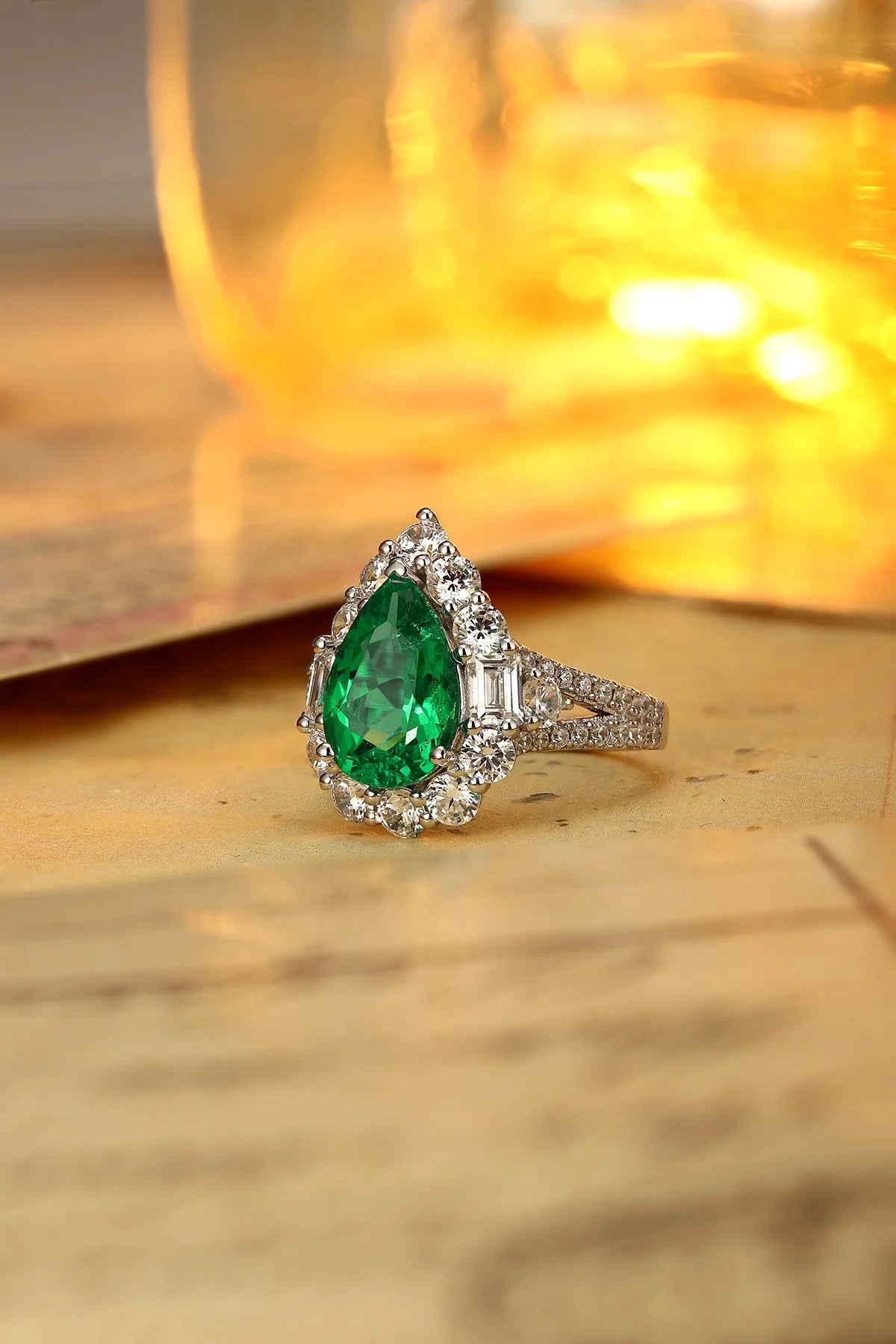 Gemfiori Custom Vintage Lab Grown Emerald Sterling Silver 925 Engagement Ring Rhodium Plated Pear Cut Prong Setting Wedding Ring