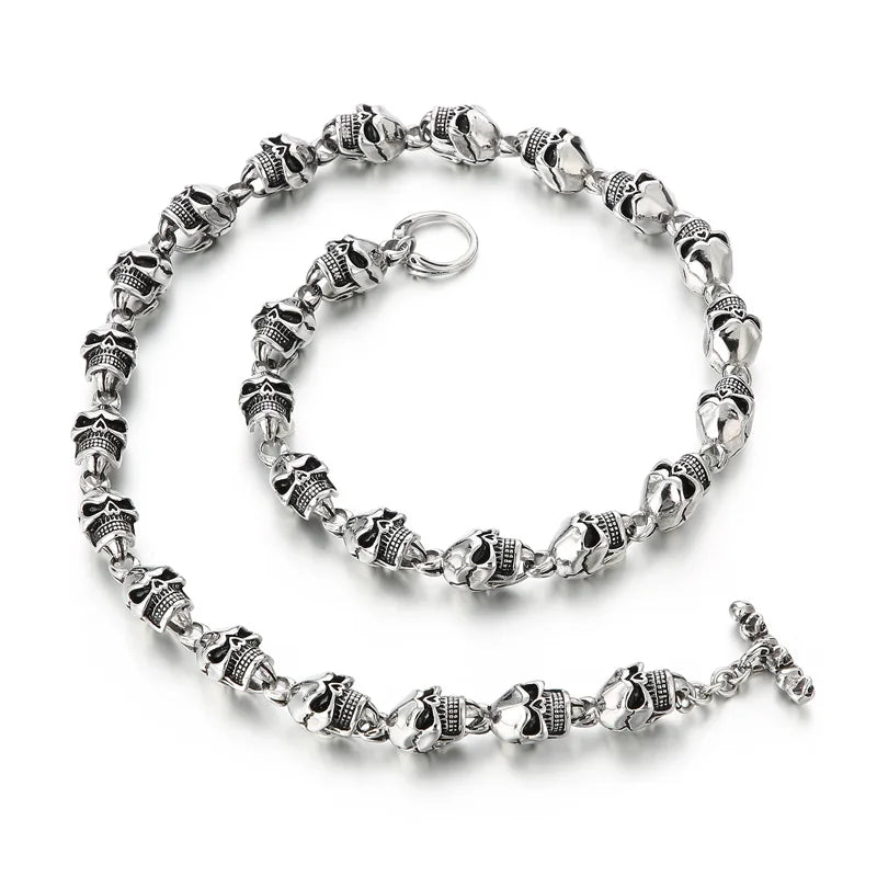 REBEL Men Punk Stainless Steel OT Clasp Skull Links Bracelet&Necklace/Waist Chain Jewelry Set