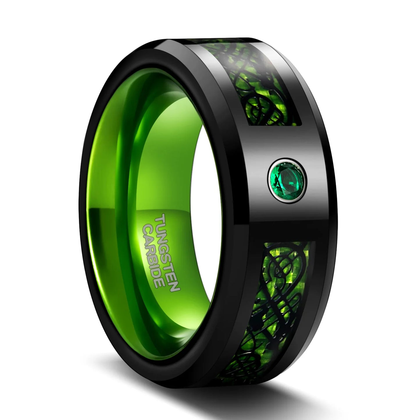 Tempusort 8MM Green Cubic Zirconia Beveled Edge Tungsten Carbide Rings for Men Wedding Anniversary Fashion Jewelry