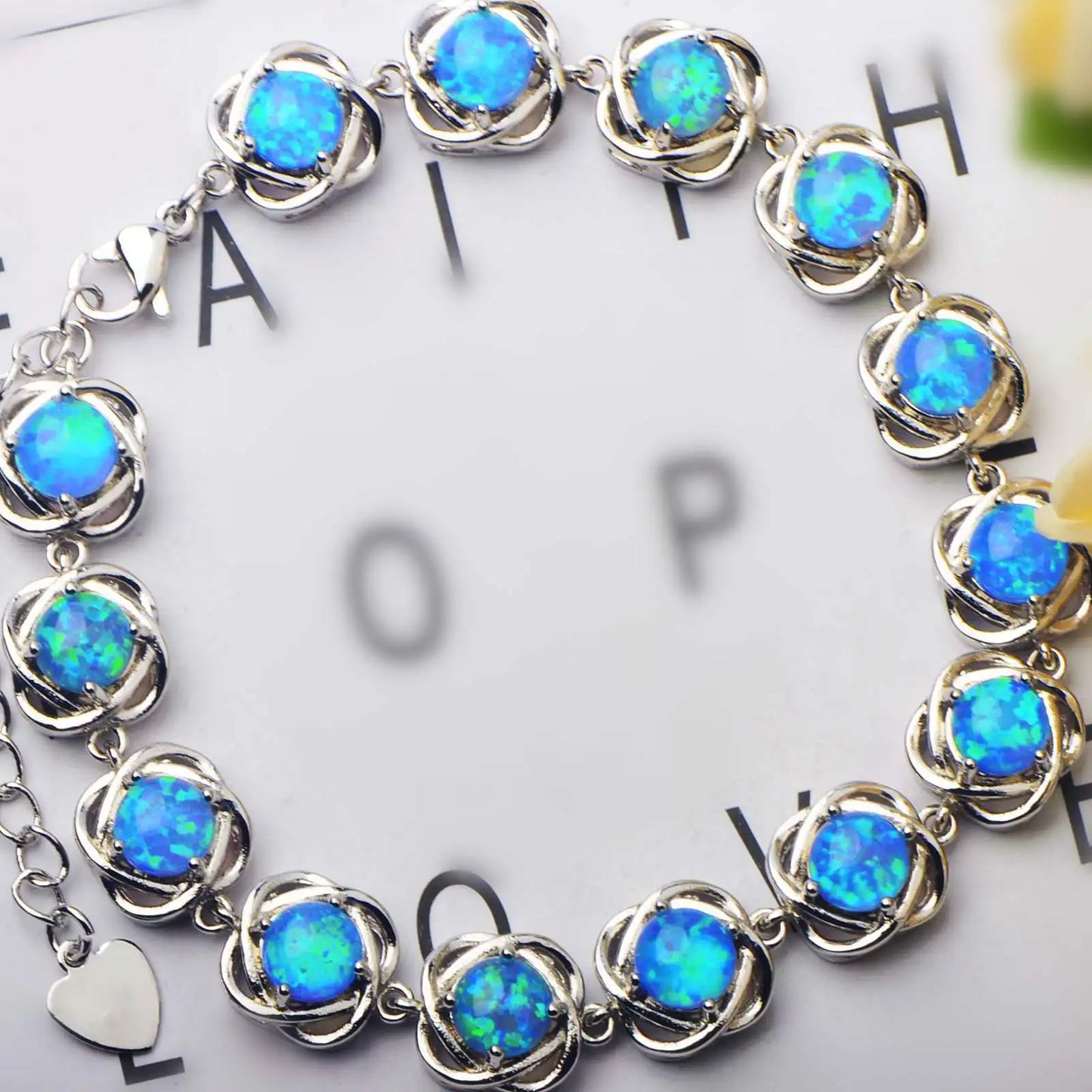 Trendy Brass Beaded Opal Inlaid Christian Bracelet Hawaiian Style Egg & Flower Design Silver Plated Fashion Accessories Bulk