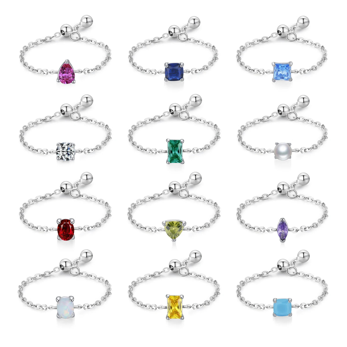 Ailmay Fashion 925 Sterling Silver 12 Month Birthday Stone Adjustable Chain Rings for Women Everyday Wear and As Gifts