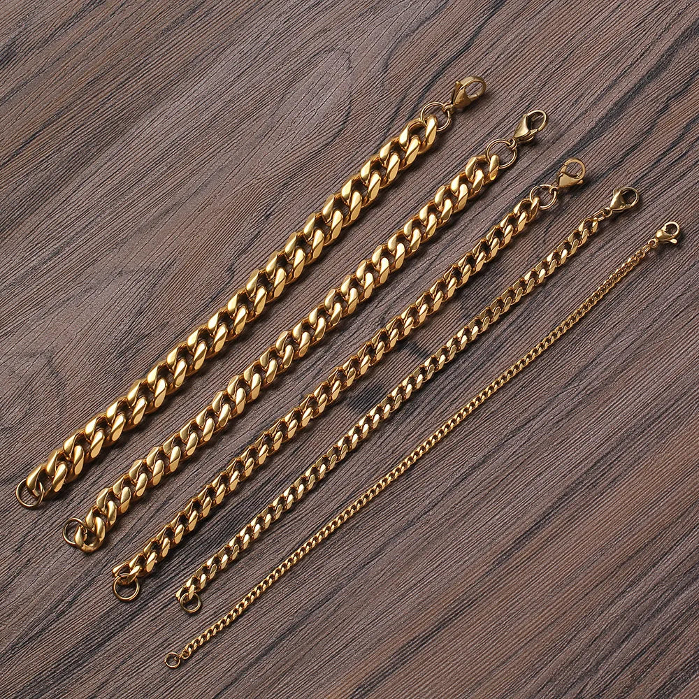 Fashion Hip Hop Jewelry Gold Silver Color 3/5/7/9/11mm Lobster Clasp Stainless Steel Cuban Link Bracelet for Women and Men